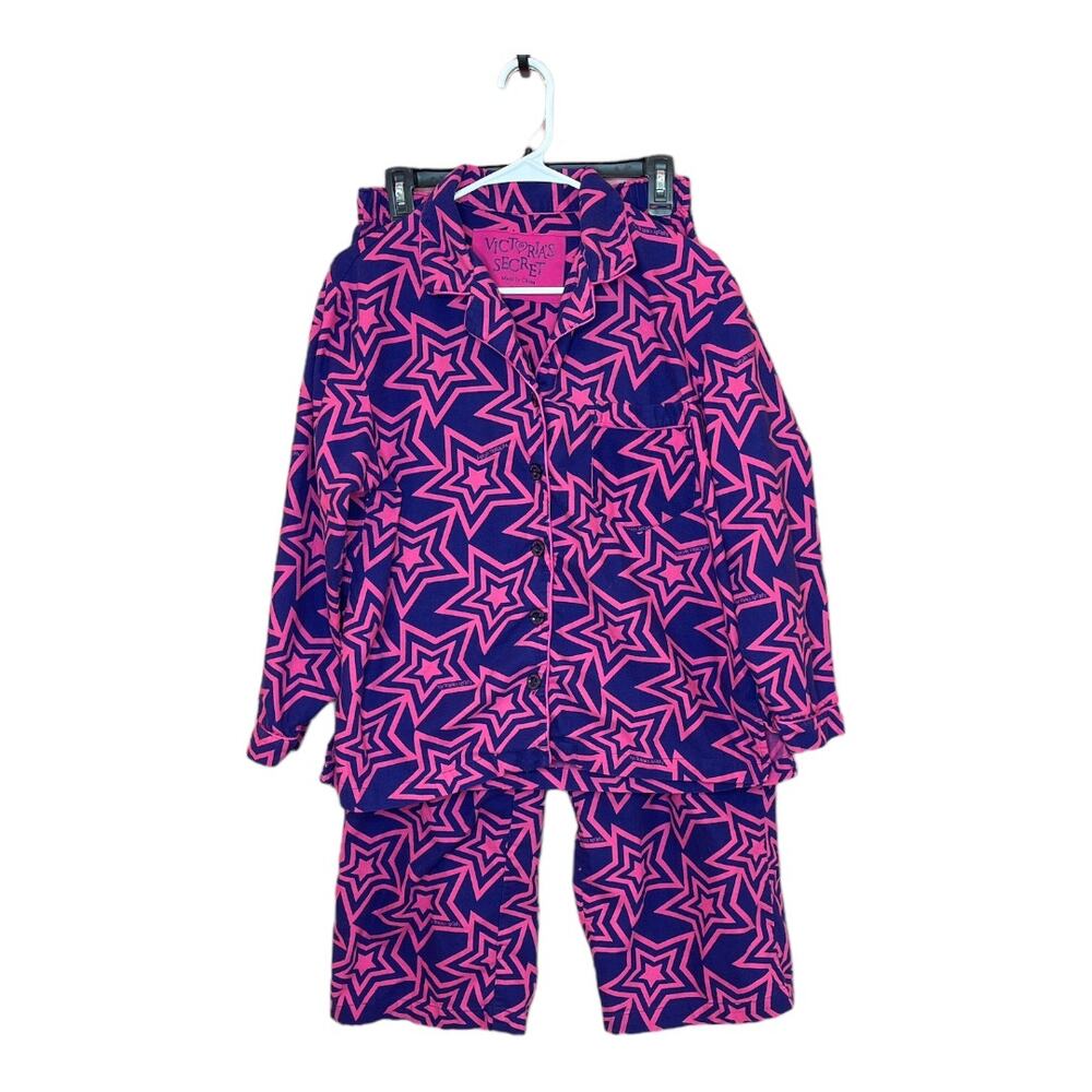 Vintage Victoria's Secret Stars Hot Pink & Blue 2 Piece Pajama Set Size Medium